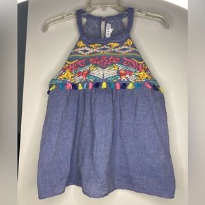 ANTHROPOLOGIE THML Embroidered Empire Waist Chambray Tassel Halter Top - Size L
